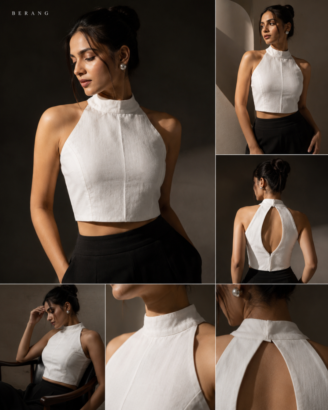 Woman wearing a white halter-neck top and black skirt with multiple views.